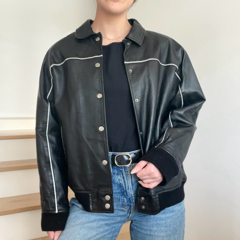 Vintage Prestige Leather Black Button Front Bomber Racing Jacket Coat Medium
